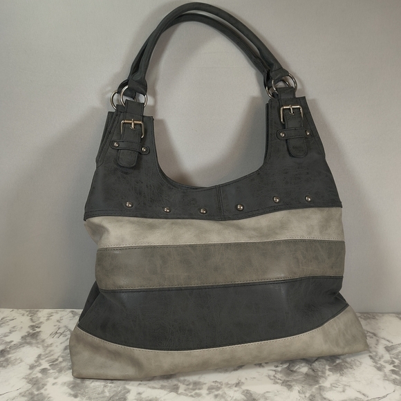 Source Unknown Handbags - Striped Gray Vinyl Silver Stud Accents Shoulder Bag
